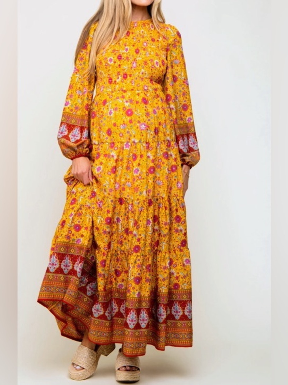 In Bloom Maternity- Floral Gold, Smocked, Tiered Maxi Dress